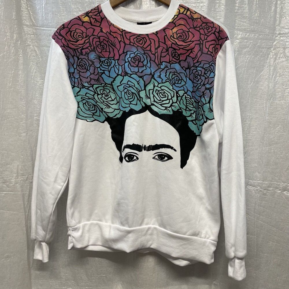 Frida Kahlo Graphic Sweatshirt Floral Crew Neck Pullover Top XS NEW